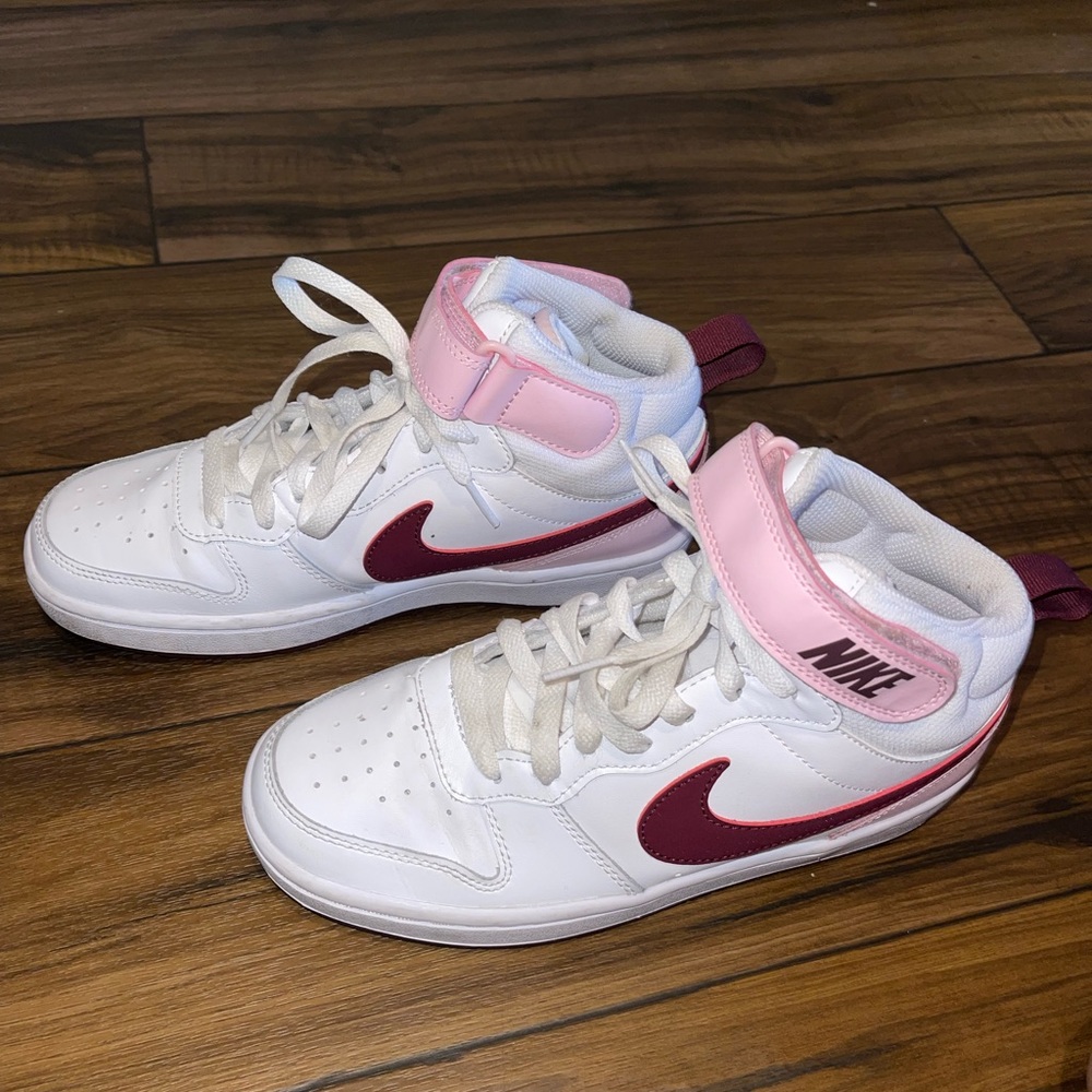 Pink and white Nike court borough shoes